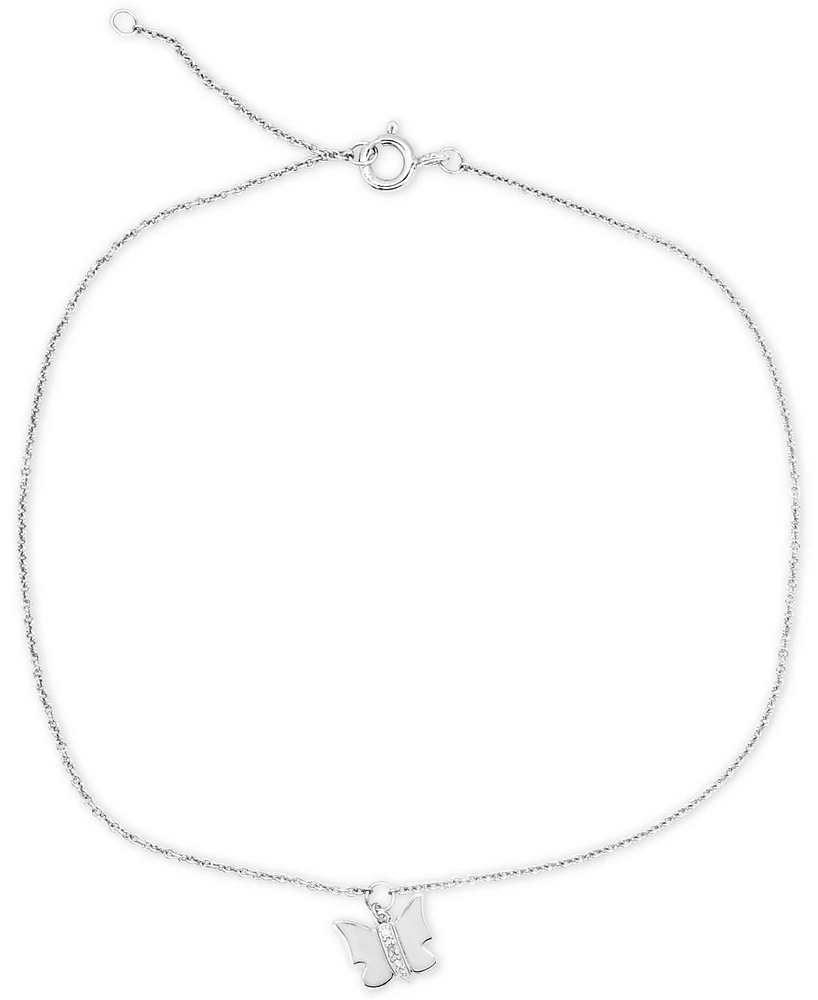 Diamond Accent Butterfly Ankle Bracelet in Sterling Silver