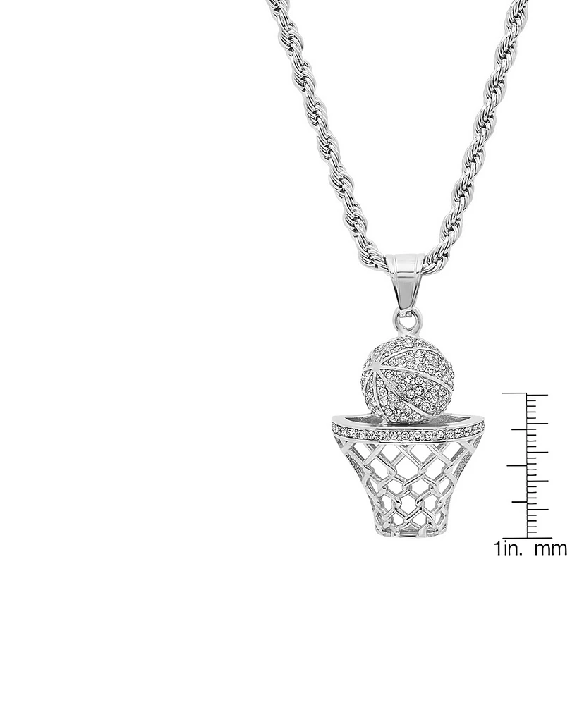 Steeltime Men's Stainless Steel Simulated Diamond Basketball and Hoop Pendant