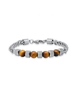 Steeltime Men's Stainless Steel Wheat Chain and Tiger Eye Beads Bracelet