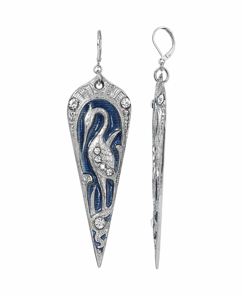 2028 Silver-tone Blue Enamel Large Crane Earrings