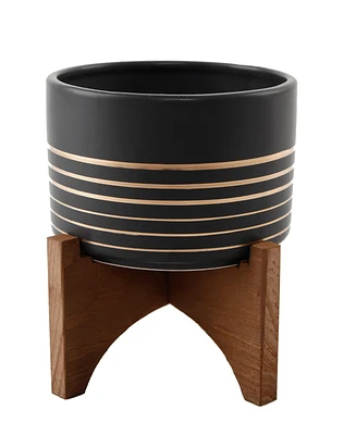 Flora Bunda Ceramic Planter on Wood Stand, 5.5"