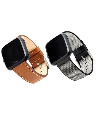 WITHit Brown Leather Band and Black Nylon Band 2-Pack designed for Fitbit Versa, Versa 2 and Versa Lite
