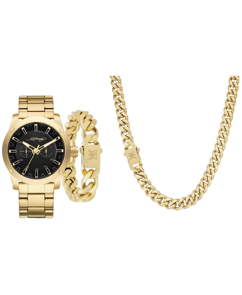 Ed Hardy Men's Shiny Gold-Tone Metal Bracelet Watch 46mm Gift Set
