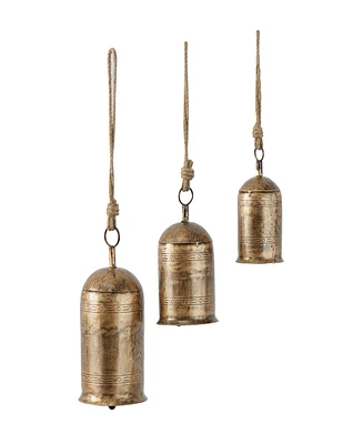 Rosemary Lane Gold-Tone Metal Bohemian Decorative Cow Bell with Jute Hanging Rope Set 3 Pieces