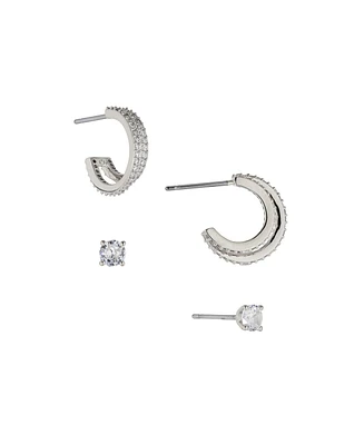 Ava Nadri Small Hoop and Stud Earring in Silver-Tone Brass Set 4 Pieces