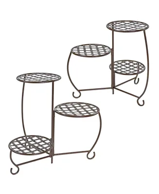 Indoor/Outdoor Steel Decorative Checker Top 3-Tiered Flower Plant Stand Display - Bronze - 2pk