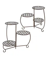 Indoor/Outdoor Steel Decorative Checker Top 3-Tiered Flower Plant Stand Display - Bronze - 2pk