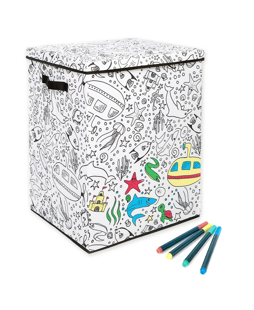 Baum Kid's Coloring Under Sea Print Hamper with Lid and 4 Washable Markers Set