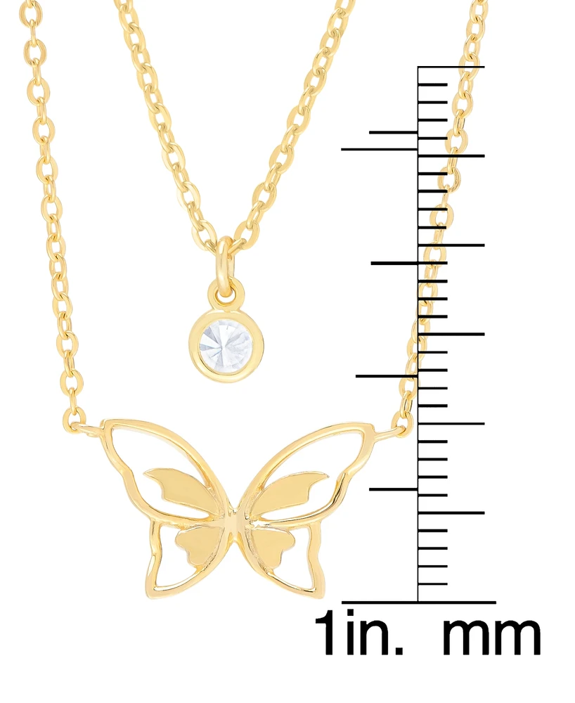 Lab-grown White Sapphire Bezel & Butterfly Layered Pendant Necklace (1/3 ct. t.w.) in 14k Gold-Plated Sterling Silver