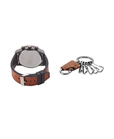American Exchange Men's Quartz Movement Cognac Leather Strap Analog Watch, 48mm and Keychain with Zippered Travel Pouch
