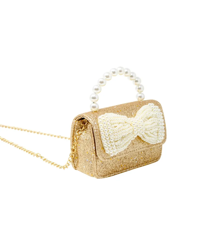 Tiny Treats Girls Gold Sparkle Bow Pearl Handle Bag