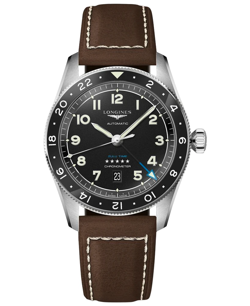 Longines Men's Swiss Automatic Spirit Zulu Time Leather Strap Watch 42mm