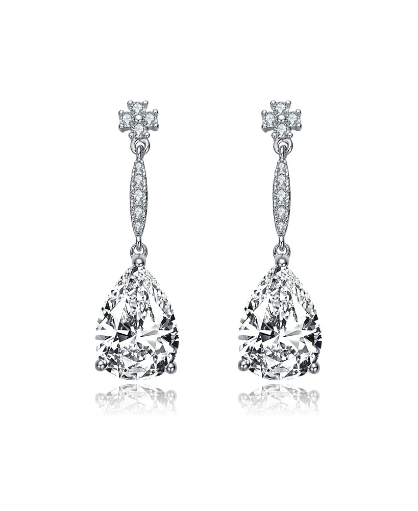 Sterling Silver with Rhodium Plated Clear Pear Cubic Zirconia Solitaire with Accent Drop Earrings