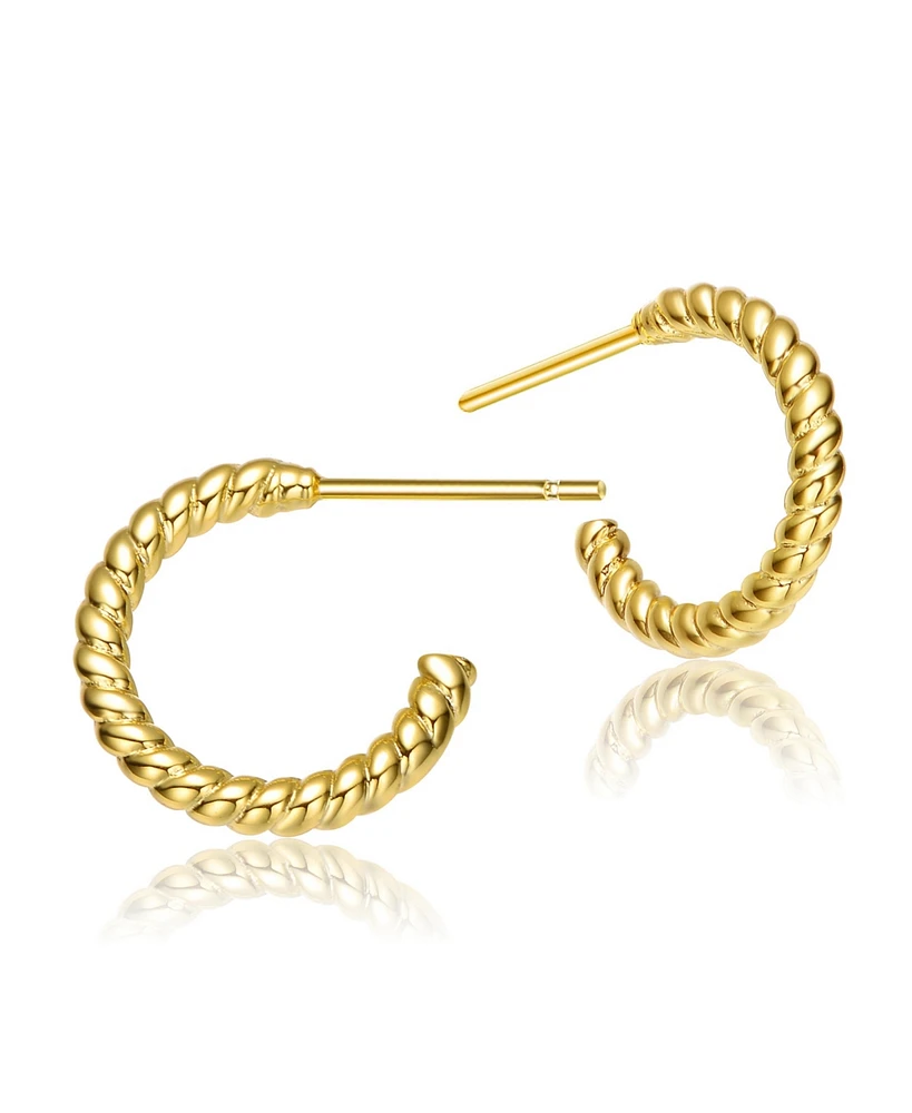 Sterling Silver 14K Gold Plated Clear Cubic Zirconia Ribbed Open Hoop Post Earrings