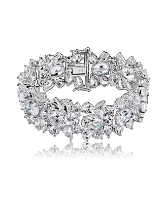 Exquisite Rhodium-Plated Sterling Silver Flower Bracelet with Cubic Zirconia