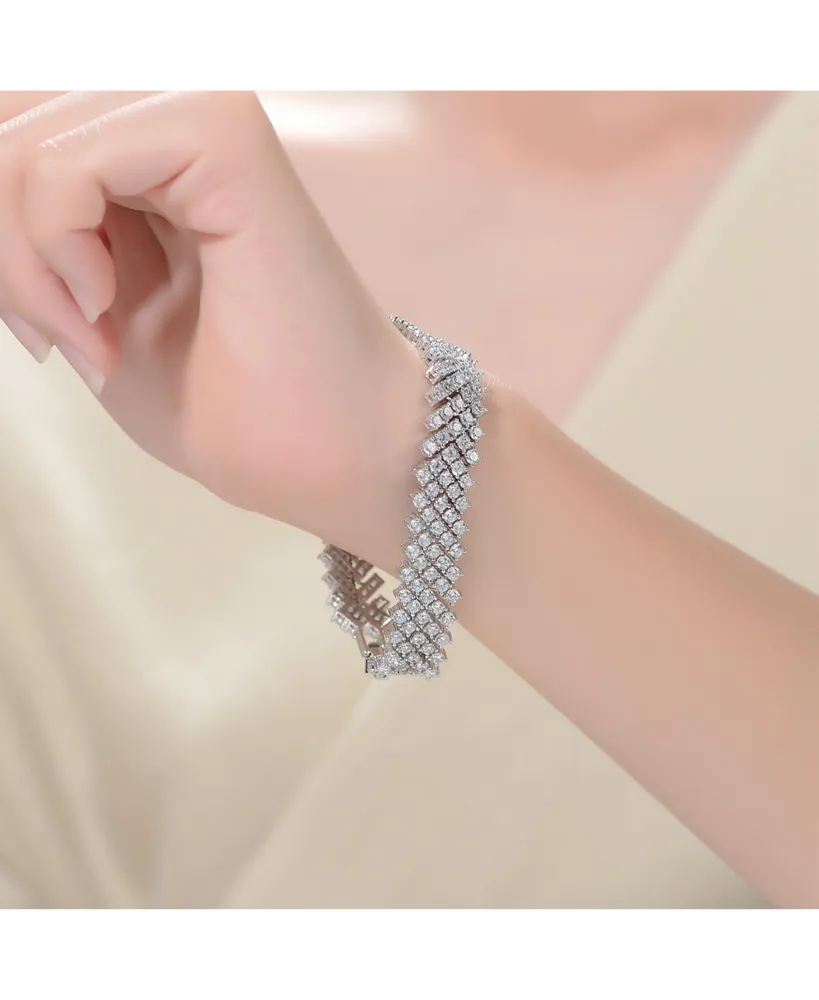 Sterling Silver Rhodium Plated Clear Cubic Zirconia 4-Row Tennis Bracelet