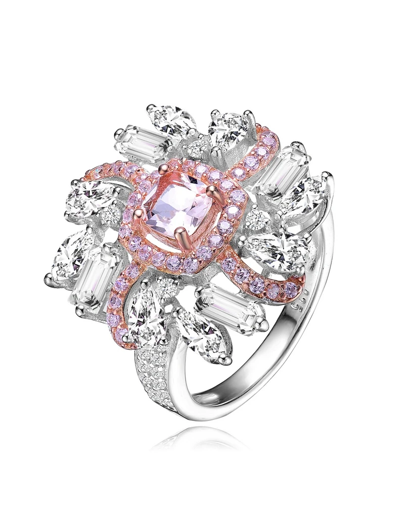 Sterling Silver White Gold and Rose Plated with Pink Clear Cubic Zirconia Cluster Ring