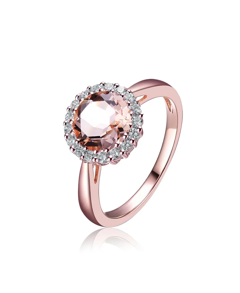 Sterling Silver with Rose Gold Plated Halo Round Pink Cubic Zirconia Solitaire Ring