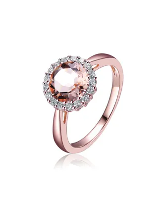 Sterling Silver with Rose Gold Plated Halo Round Pink Cubic Zirconia Solitaire Ring