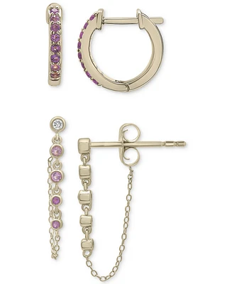 2-Pc. Set Amethyst (1/4 ct. t.w.) Hoop & Pink Amethyst (1/10 ct. t.w.) & Lab-grown White Sapphire (1/20 ct. t.w.) Drop Earrings in 14k Gold-Plated Ste