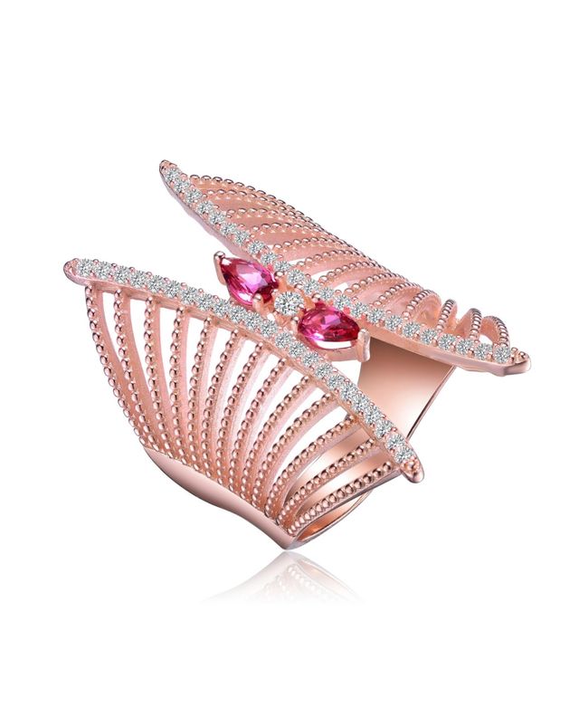 Sterling Silver Rose Gold Plated Red Cubic Zirconia Accent Butterfly Design Setting Ring