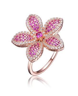 Sterling Silver 18K Rose Plated Clear and Red Cubic Zirconia Flower Coctail Ring