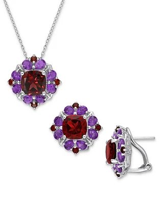 2-Pc. Set Garnet (9-7/8 ct. t.w.) & Amethyst (3-1/3 ct. t.w.) Halo Pendant Necklace & Matching Stud Earrings in Sterling Silver