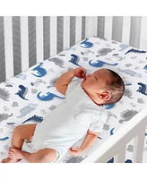 Lambs & Ivy Baby Dino 100% Cotton Blue/White/Gray Dinosaur Fitted Crib Sheet