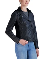 Sebby Collection Women's Hooded Faux Leather Moto Jacket