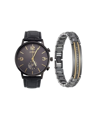 Jones New York Men's Analog Black Polyurethane Strap Watch, 42mm and Bracelet Set