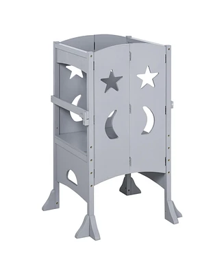 Qaba Wooden Kitchen Step Stool for Kids, Foldable Toddler Tower, Helper Stool for Kitchen Counter with Support Handles Safety Rail, Gray
