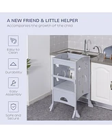 Qaba Wooden Kitchen Step Stool for Kids, Foldable Toddler Tower, Helper Stool for Kitchen Counter with Support Handles Safety Rail, Gray