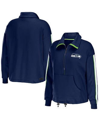Women's Wear by Erin Andrews College Navy Seattle Seahawks Logo Stripe Half-Zip Top
