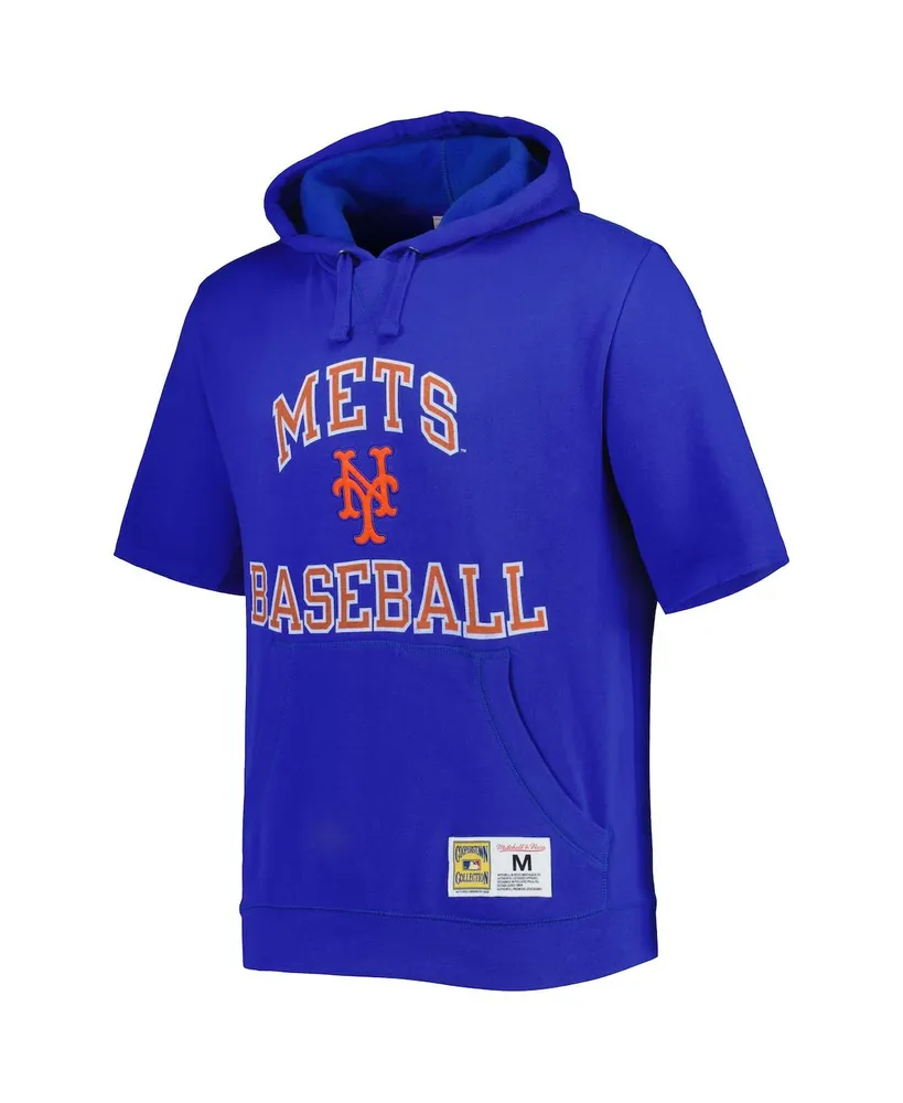 Men's Mitchell & Ness Royal New York Mets Cooperstown Collection Washed Fleece Pullover Short Sleeve Hoodie