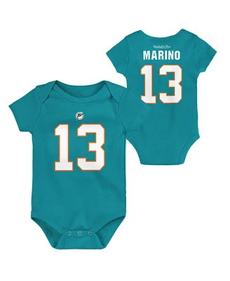Newborn and Infant Boys Girls Mitchell & Ness Dan Marino Aqua Miami Dolphins Retro Name Number Bodysuit
