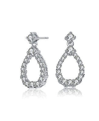 Gv Sterling Silver White Gold Plated Clear Round Cubic Zirconia Open Pear Drop Earrings