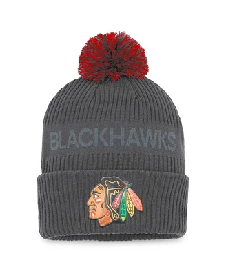 Men's Fanatics Charcoal Chicago Blackhawks Authentic Pro Home Ice Cuffed Knit Hat with Pom