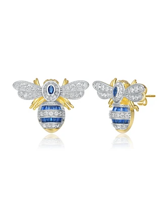 Sterling Silver 14k Yellow Gold Plated with Blue Cubic Zirconia Wasp Stud Earrings