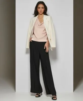Dkny Womens Peak Lapel Two Button Long Sleeve Blazer Cowlneck Contrast Strap Camisole Top High Rise Zip Front Wide Leg Crepe Pants