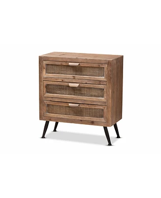 Baxton Studio Calida Mid-Century Modern 30.7" Whitewashed Finished Wood and Rattan 3-Drawer Storage Cabinet