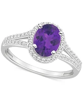 Amethyst (1-1/5 ct. t.w.) & Diamond (1/4 Oval Halo Split Shank Ring Sterling Silver (Also Citrine, Garnet, Peridot, Blue Topaz)