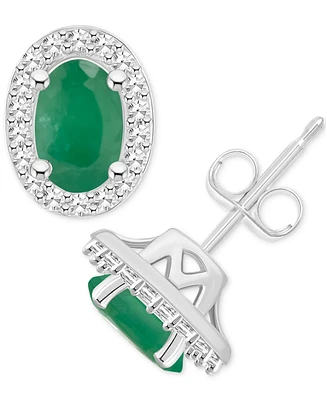 Emerald (1 ct. t.w.) & Diamond (1/6 Halo Stud Earrings Sterling Silver (Also Ruby Sapphire)