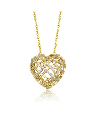 Sterling Silver 14k Yellow Gold Plated with Cubic Zirconia Knotted Ribbon 3D Puffed Heart Pendant Necklace