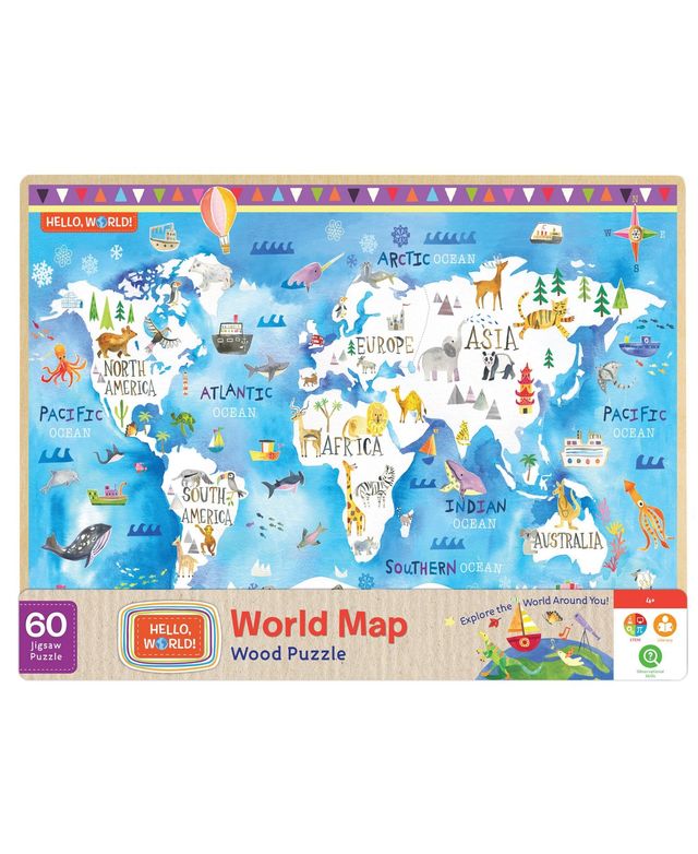 Masterpieces Hello, World! - World Map 60 Piece Wood Jigsaw Puzzle
