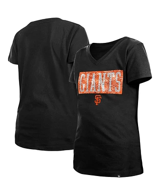 Big Girls New Era Black San Francisco Giants Flip Sequin Team V-Neck T-shirt