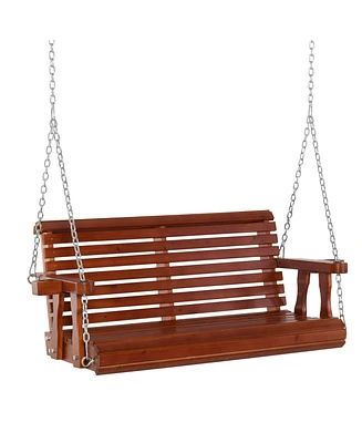 Outsunny 46" 2 Person Wooden Hanging Porch Swing Bench, Slatted Front Porch Swing Outdoor Chair with Cupholder Armrests 440 lbs. Weight Capacity, Brow
