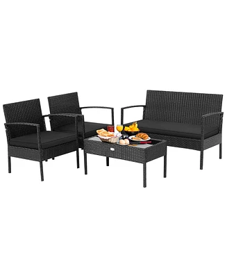 4 Pcs Patio Rattan Furniture Set Cushioned Sofa Armrest Garden