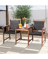 2-Seat Patio Rattan Bench Acacia Wood Frame Table W/Umbrella Hole Deck