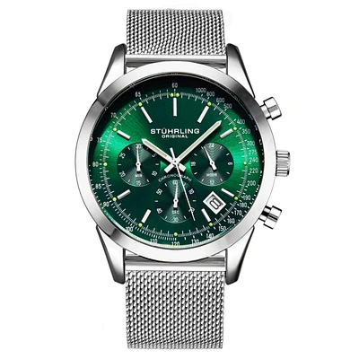 Stuhrling Men's Monaco Silver-tone Mixed Metal , Green Dial , 44mm Round Watch