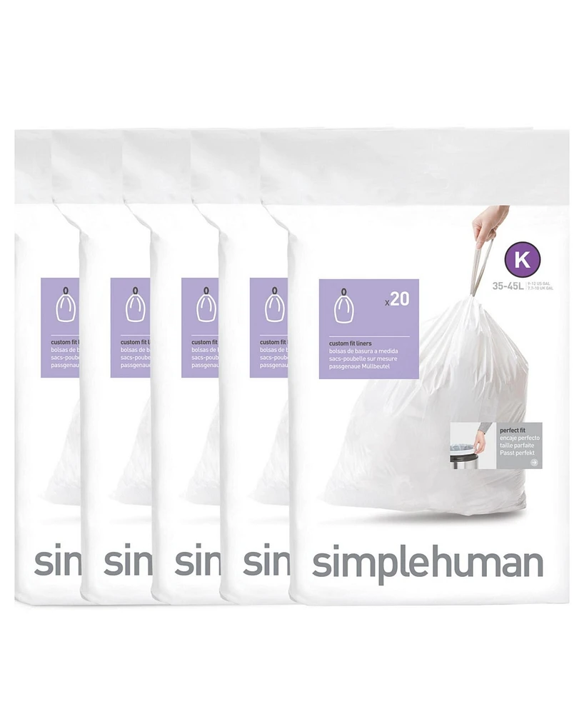 simplehuman Code K 100pk Custom Fit Liners with 5 Quick Dispense Packs, 35-45L Kitchen Trash Bag Liners